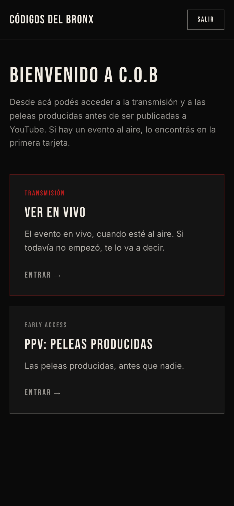 La plataforma de C.O.B en un teléfono, con las tarjetas VER EN VIVO y PPV: PELEAS PRODUCIDAS